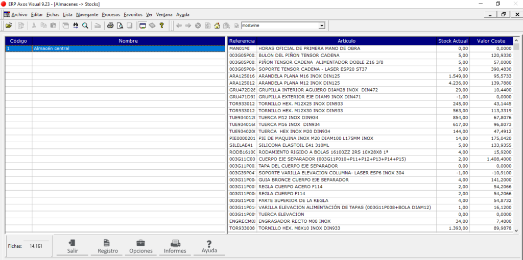 Configuración de almacenes en el software de gestión: pantalla principal