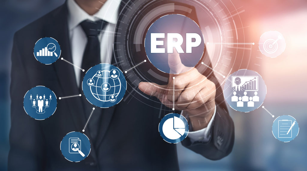 Enterprise Resource Management ERP software system for business resources plan presented in modern graphic interface showing future technology to manage company enterprise resource.