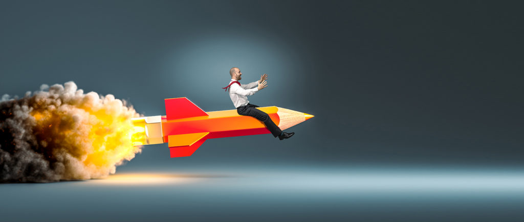 man rides a rocket pencil. creativity concept.