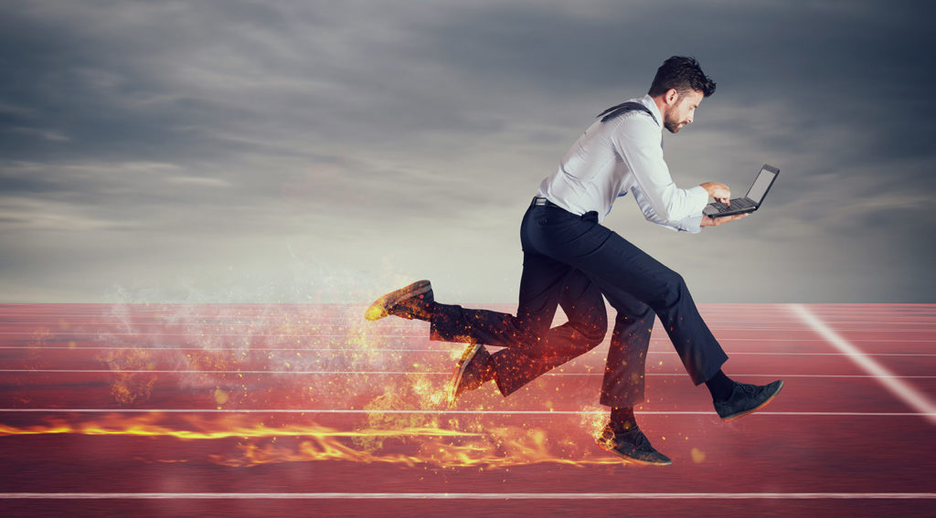 Businessman with four legs runs fast with too many tasks on laptop. Concept of competition and success