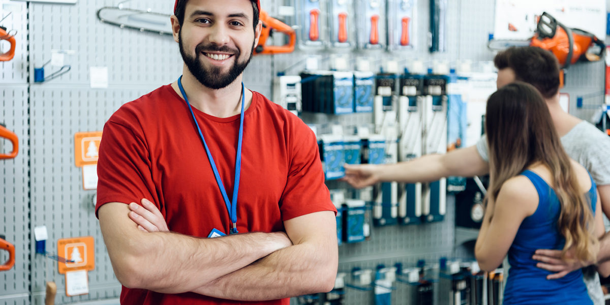 Salesman is Posing in Power Tools Store