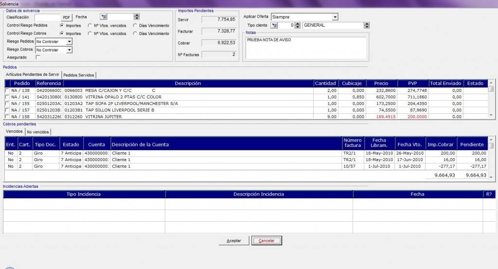 Albaranes de Venta en el software de gestión: formulario de solvencia