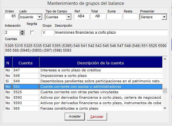 Configuración de la cuenta 551 en los balances de Axos Visual: mantenimiento 